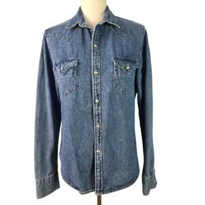 Back in the Saddle Blue Denim Snap Horse Buttons Western Long Sleeve  Shirt L